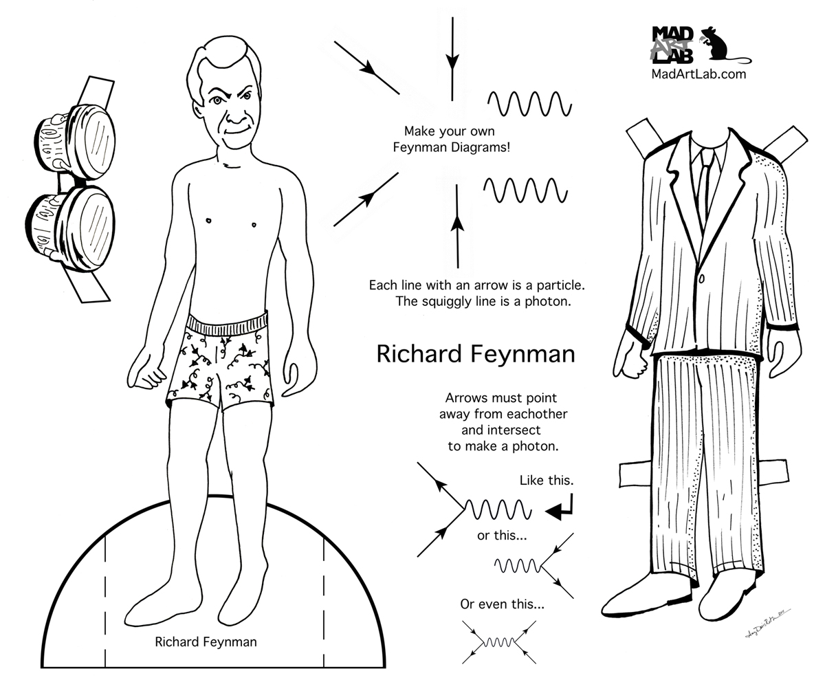 Mad Art Lab's Richard Feynman paper doll, a line drawing and cut out