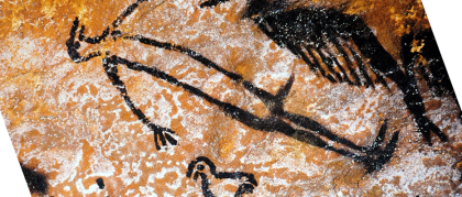 Detail of The Broken Man in The Shaft at The Lascaux Cave in Southern France. image is a stick like drawing of a "broken man" so referred to because he seems to have a broken neck, and "man" because he has an erection which is consistent with a broken neck. Nearby is a bird totem and while the man's body seems human, he has a bird head and instead of hands, talons.