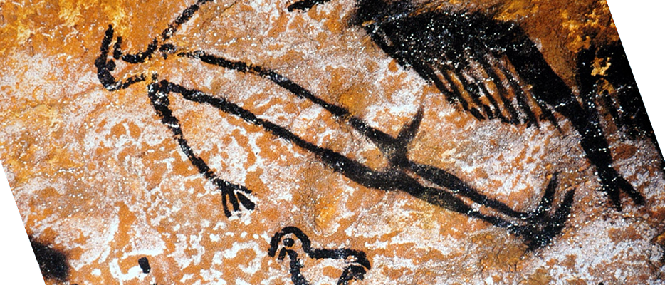 Detail of The Broken Man in The Shaft at The Lascaux Cave in Southern France. image is a stick like drawing of a "broken man" so referred to because he seems to have a broken neck, and "man" because he has an erection which is consistent with a broken neck. Nearby is a bird totem and while the man's body seems human, he has a bird head and instead of hands, talons.