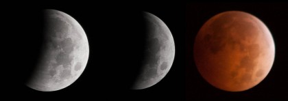 3 phases of Lunar Eclipse: 1/3 covered, 2/3 covered, and total lunar eclipse or "Blood Moon"