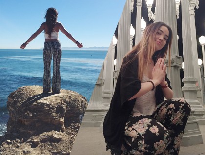 Diptych of Jasmine Barnum images around Los Angeles. Doing "The Titanic" bow shot on a rock at the beach, and "praying" at the Chris Burden lights at LACMA