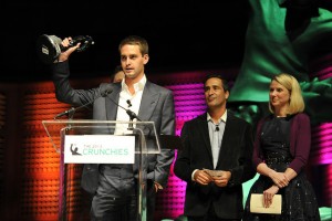 Evan Spiegel, Adam Cahan & Marissa Meyer on stage at Tech Crunch Crunchie Awards, 10 February 2014