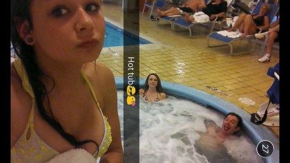 screencap of a snapchat of 3 people in a hot tub