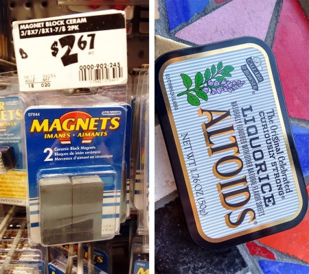 photo of an Altoids tin, and a second photo of a bar magnet hanging on a rack at Home Depot, with a price of US$2.67 for 2 magnets