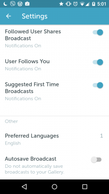 screen cap of Periscope settings including the "autosave broadcast" button