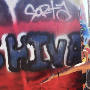 Shiva Nadjm, Art110 Fall '15, with her name in bubble letters at the Venice Beach Legal Art Walls
